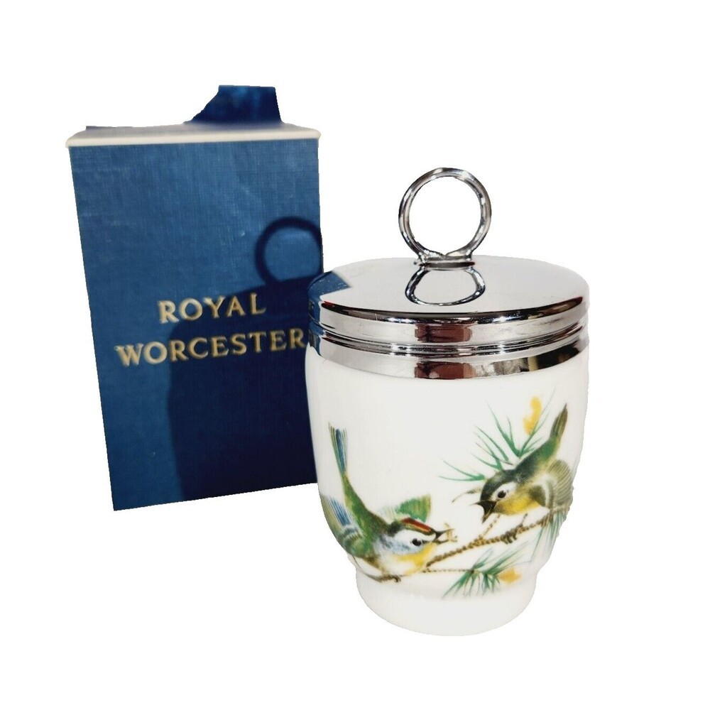 Royal Worcester Double Egg Coddler Porcelain Wren Finch Nature Woods England Vtg